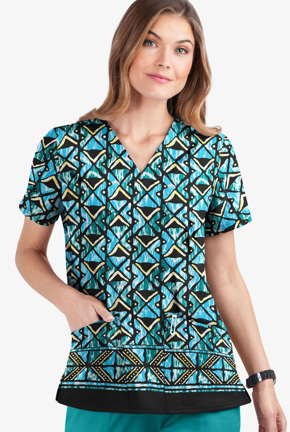 Butter-Soft STRETCH Day Dance Black Printed Women's 2-Pocket V-Neck Print Scrub Top - null - 1