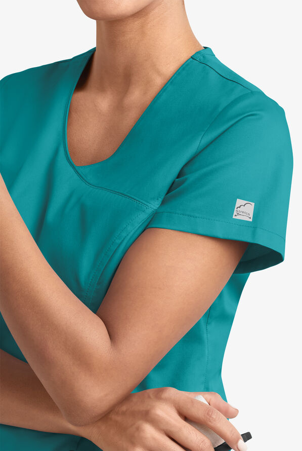 Butter-Soft STRETCH Women's 3-Pocket V-Neck Mock Wrap Scrub Top - Teal - 3