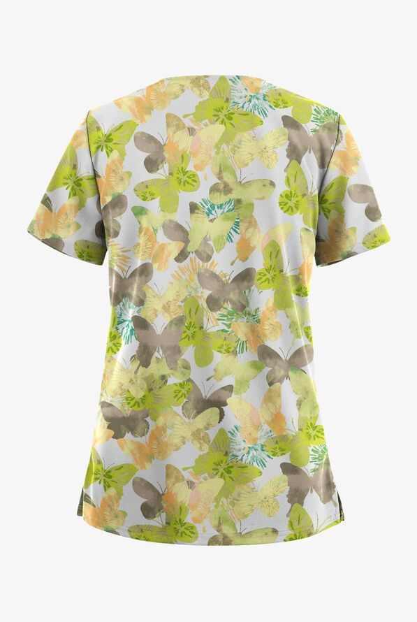 Butter-Soft STRETCH Wings Of Love White Women's 2-Pocket V-Neck Print Scrub Top - null - 2