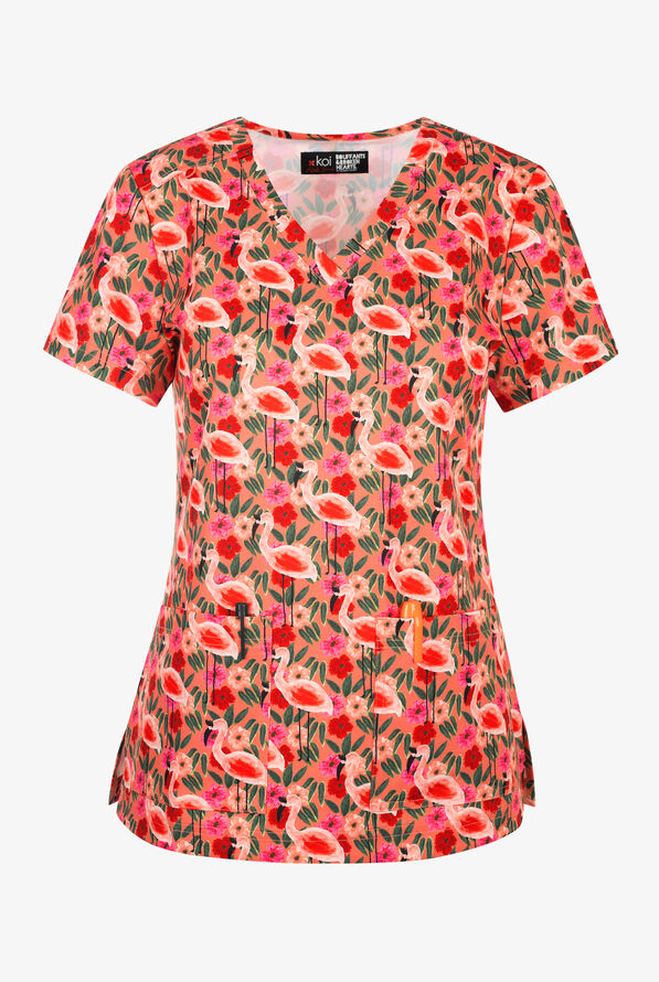 koi Next Gen Flamingo And Flowers Women's 2-Pocket STRETCH V-Neck Print Scrub Top - null - 1