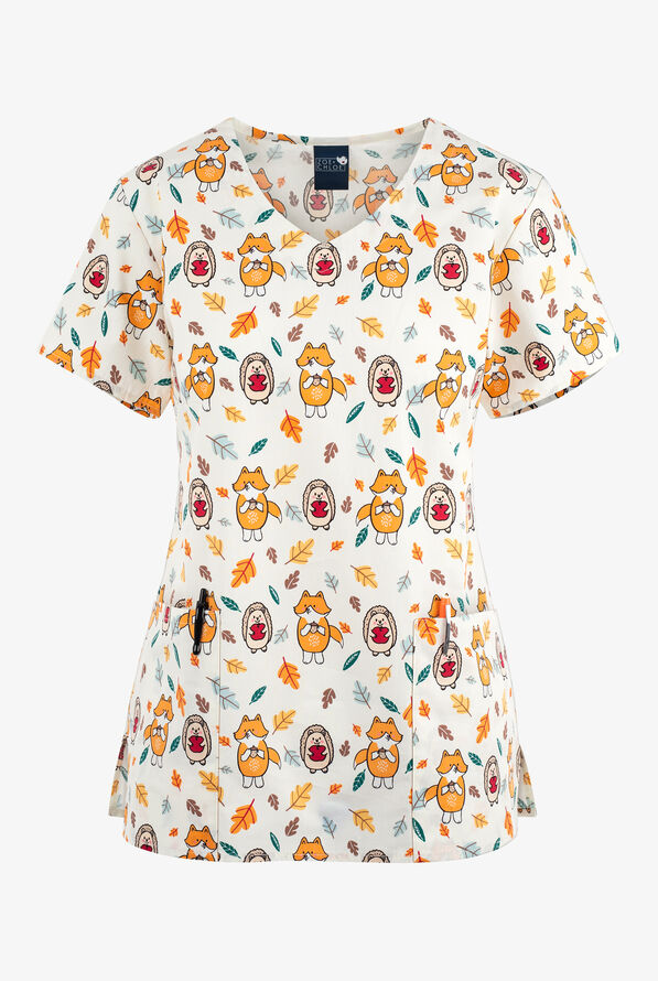 Zoe & Chloe Happy Harvest Animal Thankgiving Women's 2-Pocket V-Neck Print Scrub Top - null - 1
