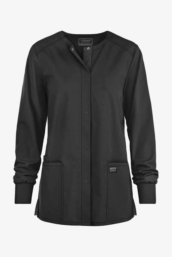 Cherokee Workwear Professionals Women's 3-Pocket STRETCH Snap Front Scrub Jacket - Black - 1