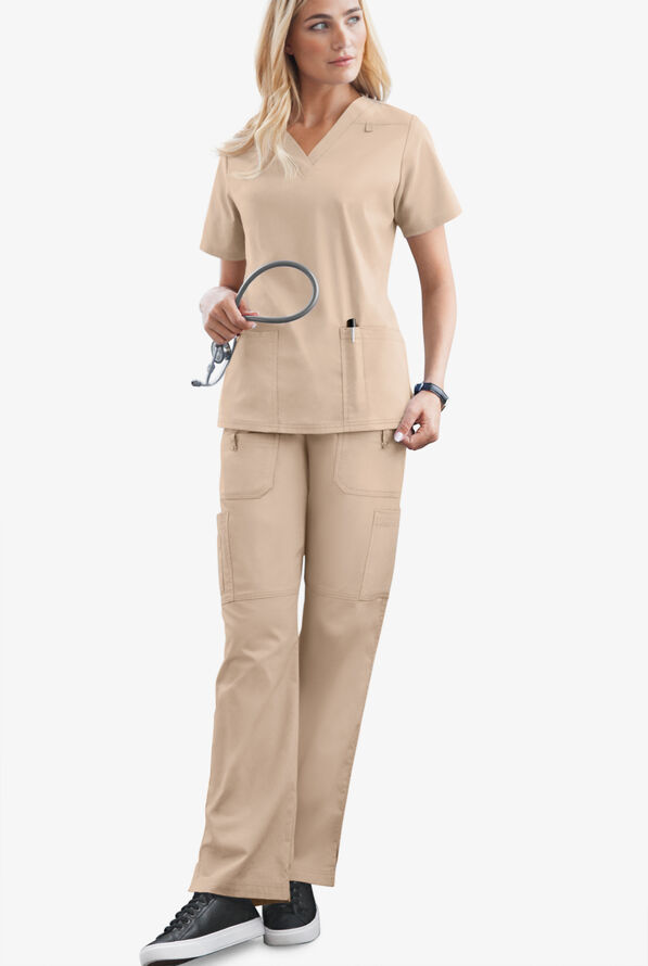 Butter-Soft STRETCH Women's 10-Pocket Drawstring Scrub Pants - Tall - Iced Latte - 2