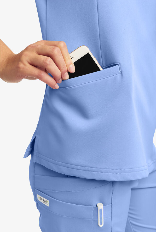 Butter-Soft Women's 5-Pockets Faux Wrap Scrub Top **Slightly IRREGULAR** - Ceil Blue - 3