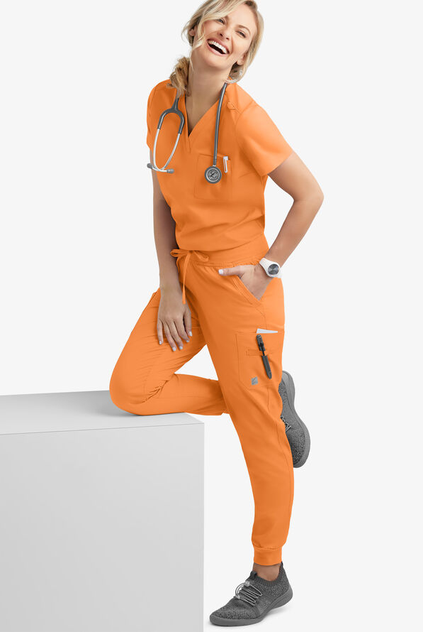 Butter-Soft STRETCH Women's 2-Pocket V-Neck Tuck-In Scrub Top - Apricot Crush - 2