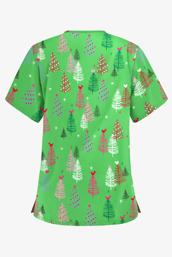 Butter-Soft Joy Forest Gecko Green Women's 3-Pocket V-Neck Print Scrub Top - null - 2