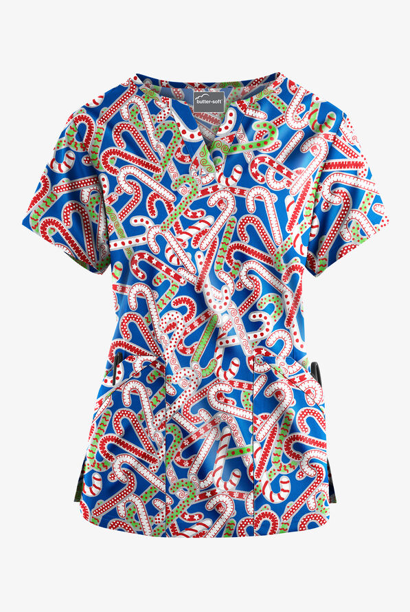 Blusa médica estampada Butter-Soft Noel Candy Canes Royal con muesca en el cuello en V y 4 bolsillos para mujer - null - 1