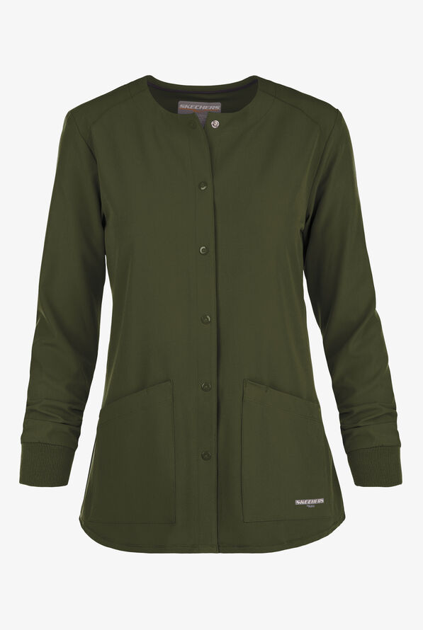 Skechers by Barco Stability Women's 2-Pocket STRETCH Warm-Up Scrub Jacket - Olive - 1