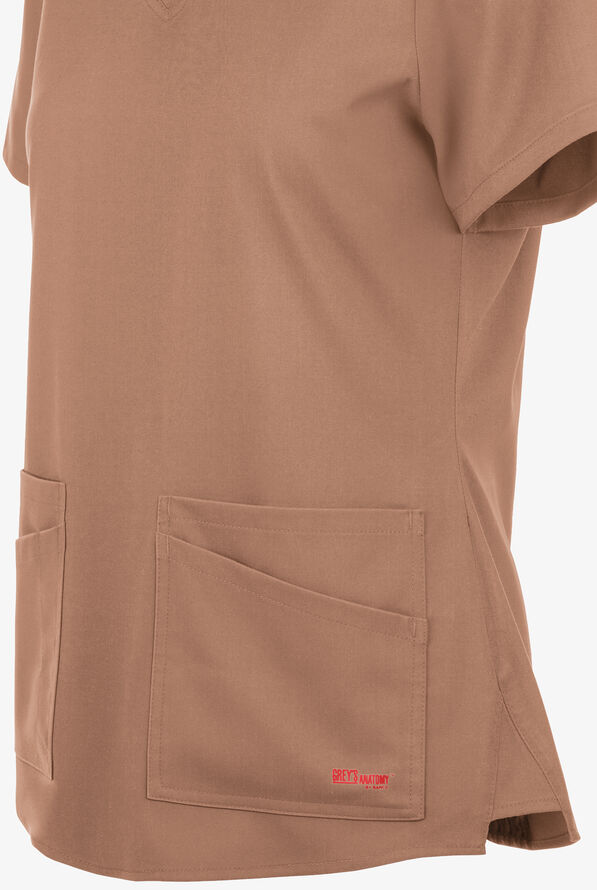 Blusa m&eacute;dica Grey&rsquo;s Anatomy Spandex STRETCH con cuello en V y 4 bolsillos para mujer - Warm Mocha - 4
