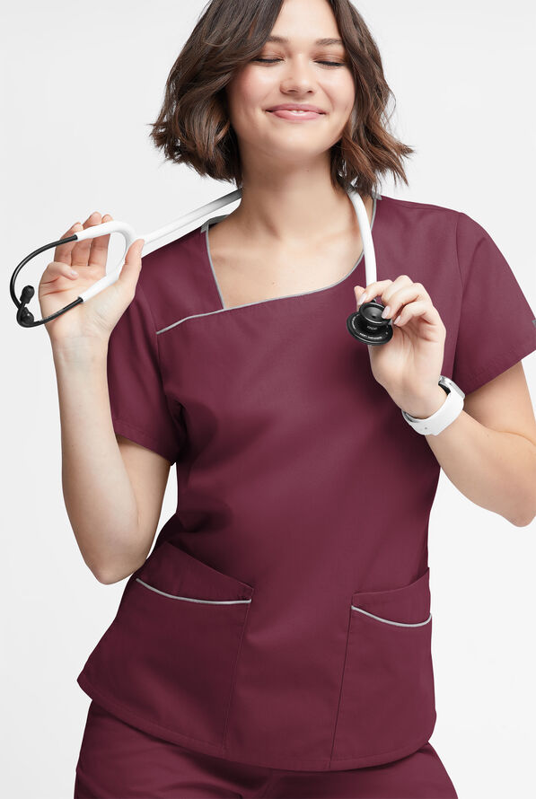 Butter-Soft Originals Women's 4-Pocket Asymmetrical Neck Scrub Top - Wine/Silver - 2