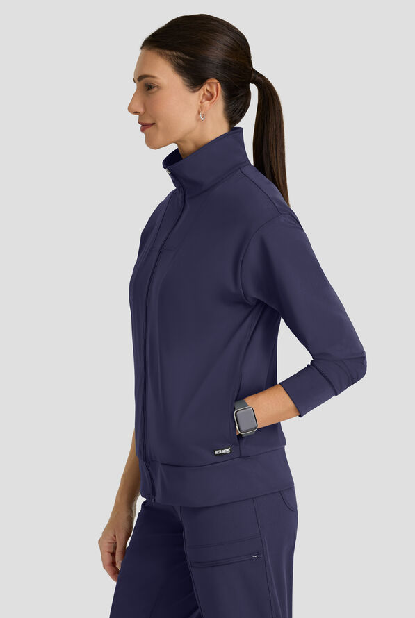 Grey's Anatomy by Barco Knit STRETCH Ease Warm Up Women's 4-Pocket Zip Front Scrub Jacket - Indigo - 4