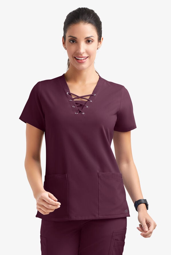 Easy STRETCH Gisele Women's 4-Pocket Lace Up V-Neck Scrub Top - Dark Mulberry - 2