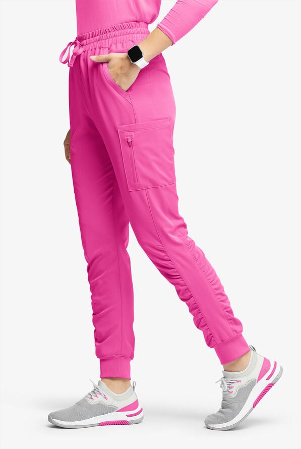 WhisperLite Calla Women's 6-Pocket Ruched Leg Cargo Scrub Pants - Glam Pink - 1