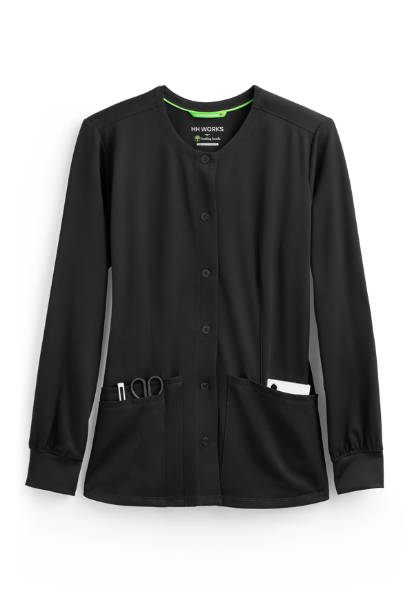 HH Works by Healing Hands Megan Women's 4-Pocket STRETCH Round Neck Warm-Up Scrub Jacket - Black - 1