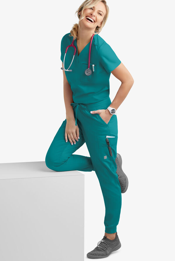 Butter-Soft STRETCH Women's 2-Pocket V-Neck Tuck-In Scrub Top - Teal - 2