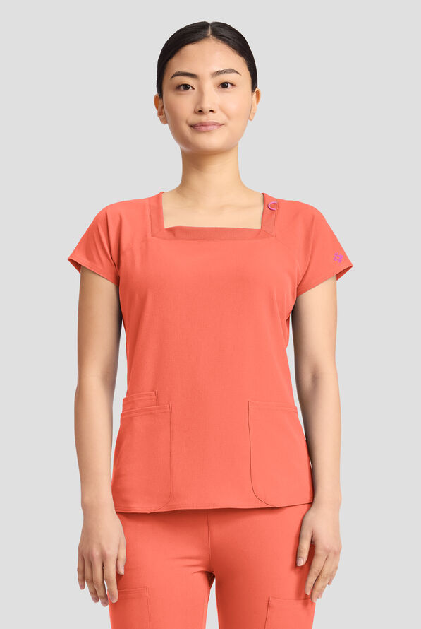 Blusa m&eacute;dica Med Couture Amp STRETCH con cuello cuadrado y 3 bolsillos para mujer - Coral Fusion - 3