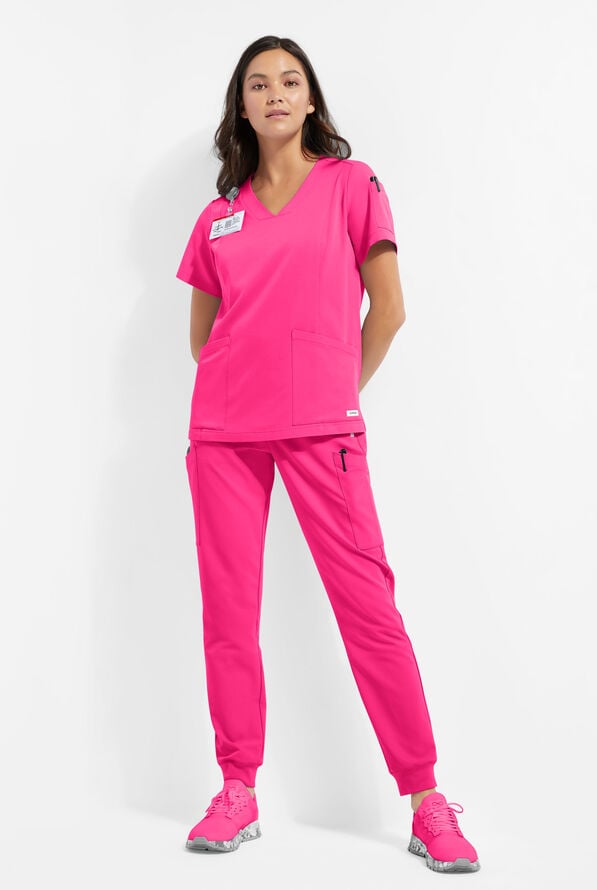 ReSurge Ruby Women's 5-Pocket Curved V-Neck Top - Reactive Pink - 2