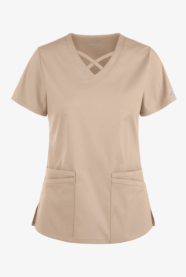 Butter-Soft STRETCH Women's 4-Pocket Crisscross Scrub Top - Iced Latte - 1