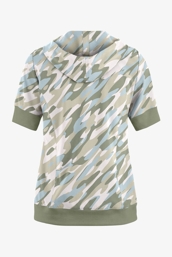 Easy STRETCH White Camo Waves Women's 3-Pocket Short Sleeve Pull-Over Hoodie Print Scrub Top - null - 2