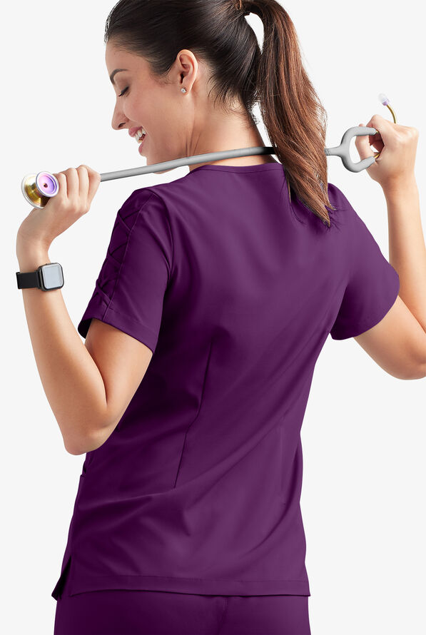 Easy STRETCH Kylie Woman's 5 Pocket V-Neck With Criss-Cross Detail Scrub Top - Eggplant - 4