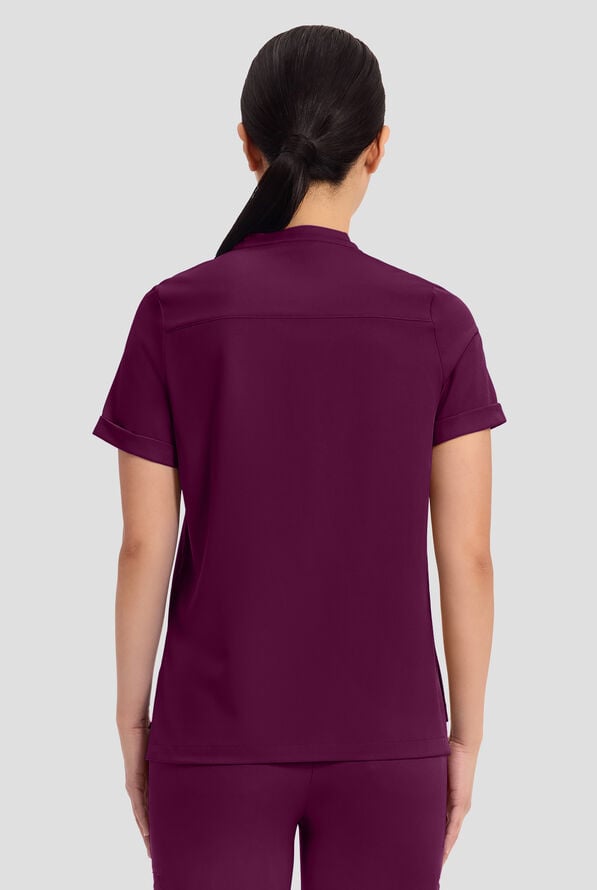 HH Works by Healing Hands Macy Women's 1-Pocket STRETCH Mandarin Collar Tuck In Scrub Top - Wine - 4
