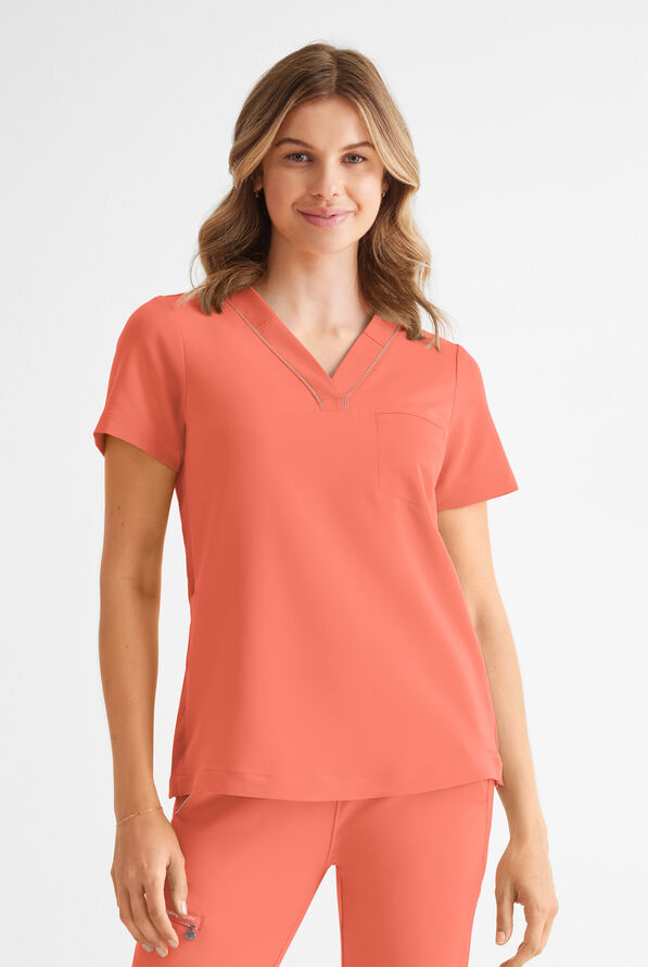 360 by Healing Hands Stella Women's 1-Pocket STRETCH Side Snap V-Neck Scrub Top - Burnt Coral - 2