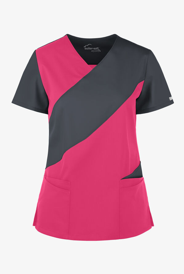 Butter-Soft STRETCH Women's 5-Pocket Asymmetric Scrub Top - Fuchsia/Pewter - 1