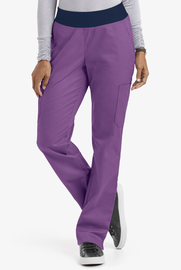 Butter-Soft STRETCH Women's 4-Pocket with Knit Waistband Yoga Scrub Pants - Petite - Purple Heart/Navy - 1