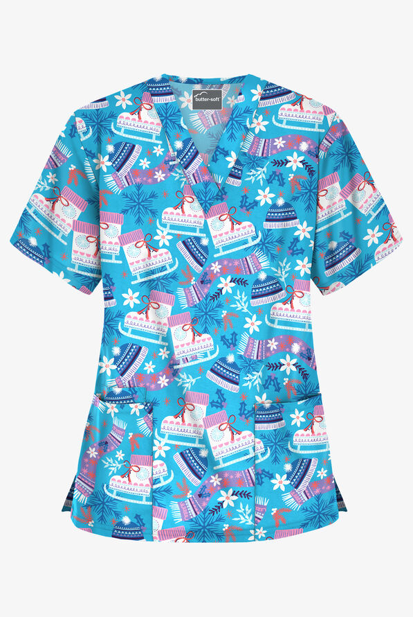 UA ButterSoft Christmas Skate Turquoise Women's 3Pocket VNeck Print
