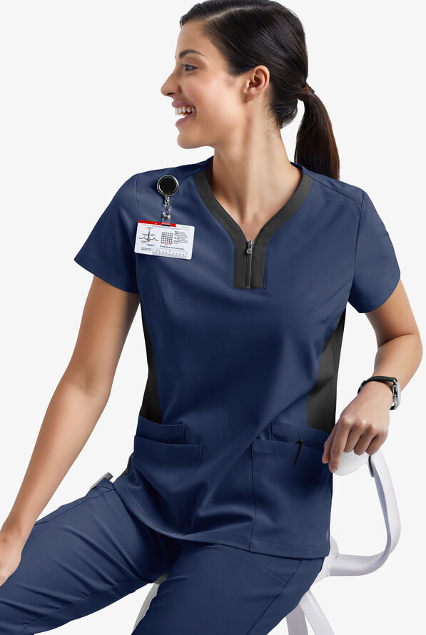Easy STRETCH Lily Women's 4-Pocket Zip Neck Henley Scrub Top - Navy/Black - 3