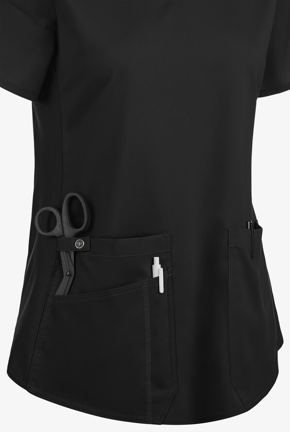 Blusa m&eacute;dica Med Couture Touch STRETCH con cuello en V, paneles laterales acanalados, fald&oacute;n camisero y 3 bolsillos para mujer - Black - 3