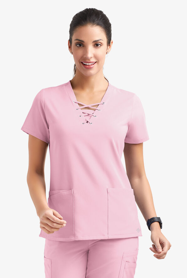 Easy STRETCH Gisele Women's 4-Pocket Lace Up V-Neck Scrub Top - Pink Peony - 2