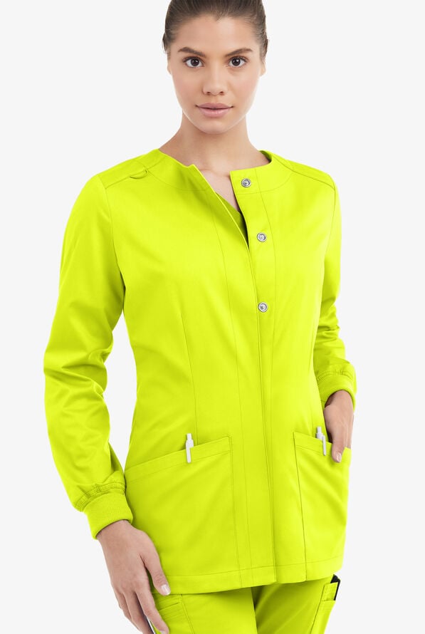 Butter-Soft STRETCH Women's 2-Pocket Long Sleeve Snap Front Scrub Jacket - Lime Crush - 2
