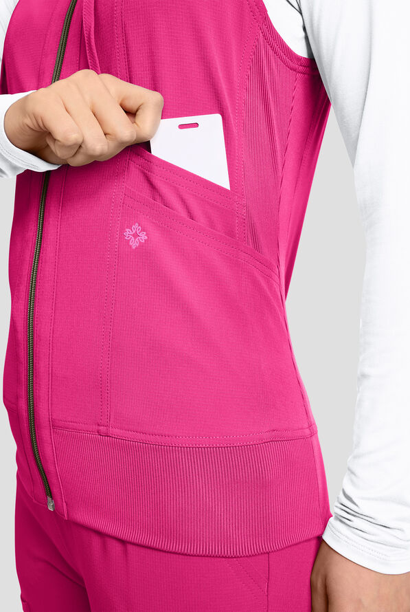 Med Couture Amp Women's 4-Pocket STRETCH Zip Front Removable Hoodie Scrub Vest - Pink Power - 3