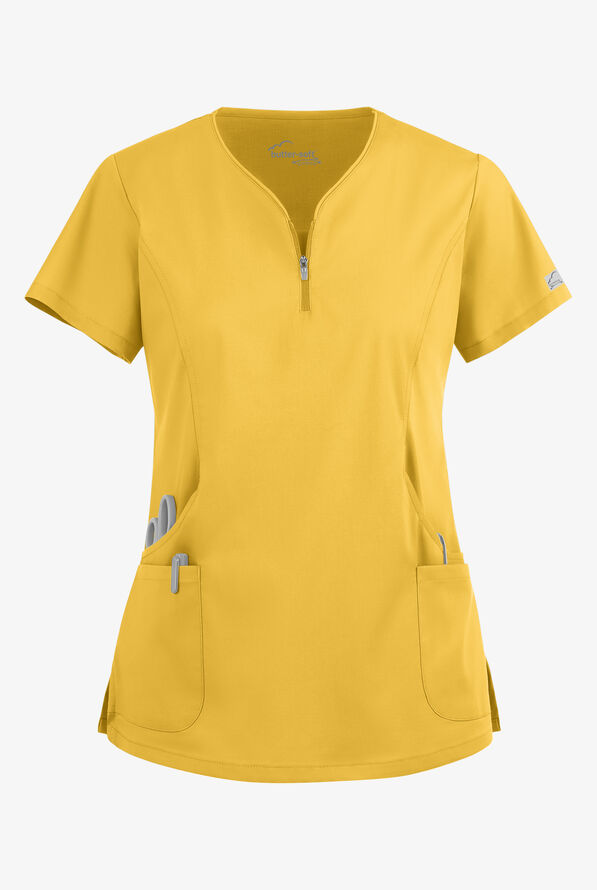 Butter-Soft STRETCH Women's 4-Pocket Curved Neck Zipper Scrub Top - Warm Sun - 1