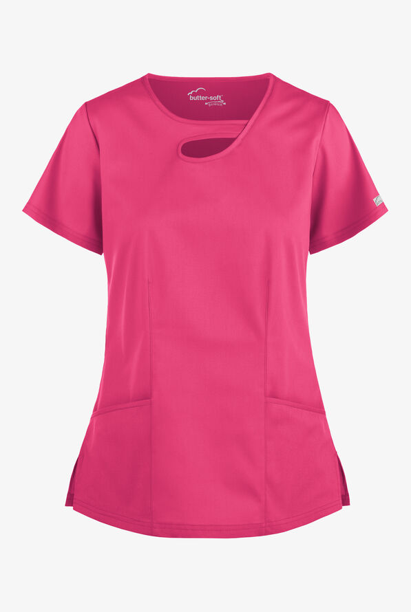 Butter-Soft STRETCH Women's 2-Pocket Asymmetric Keyhole Scrub Top - Fuchsia - 1
