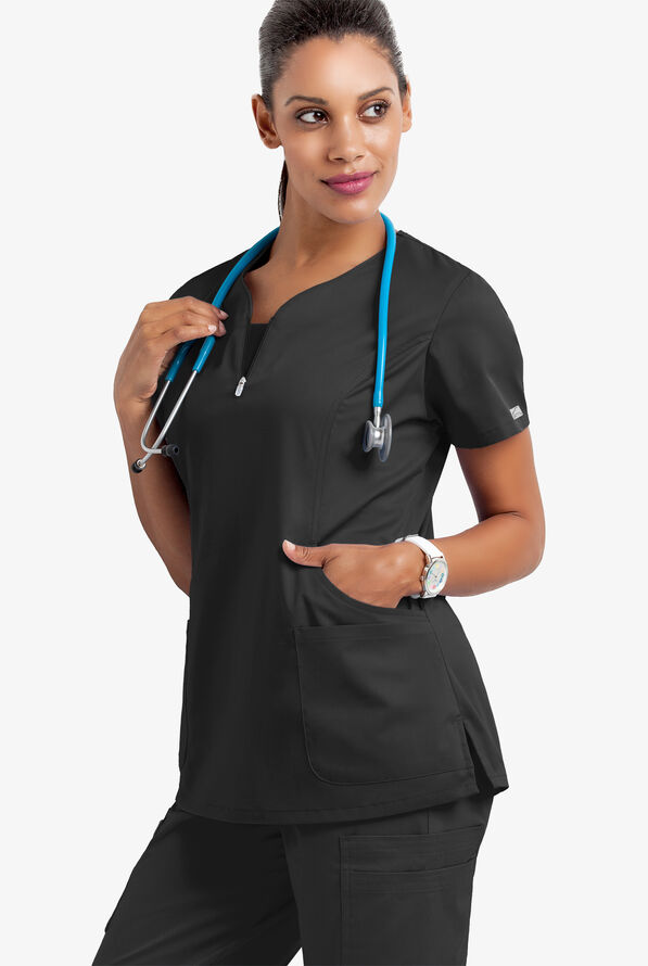 Blusa m&eacute;dica UA Butter-Soft STRETCH con cremallera en el cuello curvo y 4 bolsillos para mujer - Black - 7