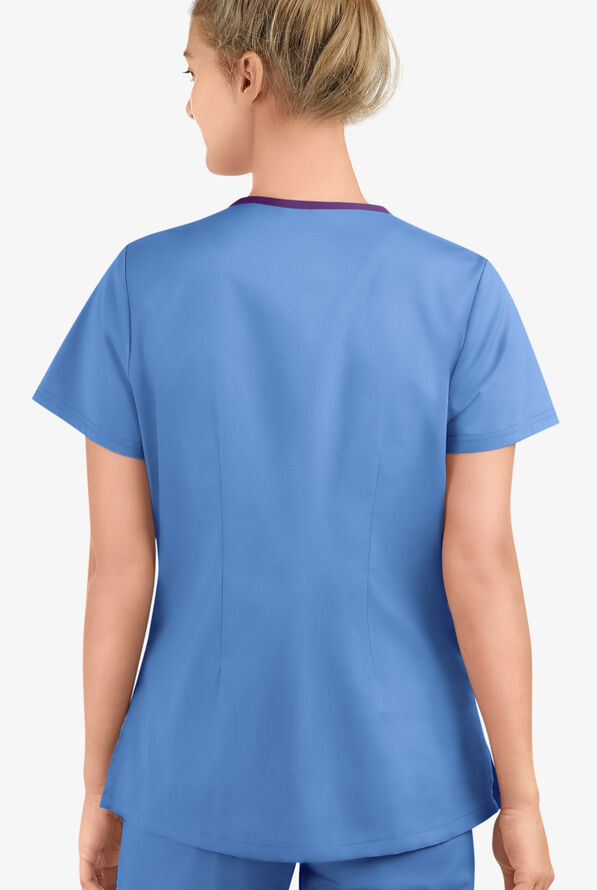Butter-Soft STRETCH Women's 4-Pocket Active Rounded V-Neck Scrub Top - Ceil/Silver/Eggplant - 4