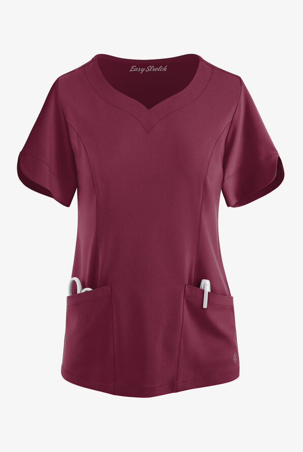 Easy STRETCH Aisha Women's 2-Pocket Sweetheart Neckline Scrub Top - Wine - 1