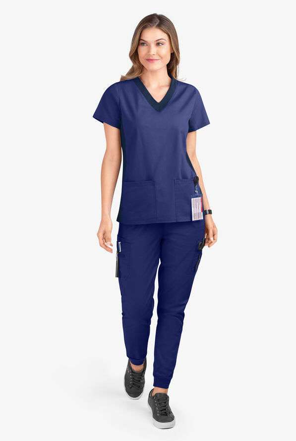 Butter-Soft STRETCH Women's 3-Pocket Contrast Scrub Top - Galaxy/Navy - 2