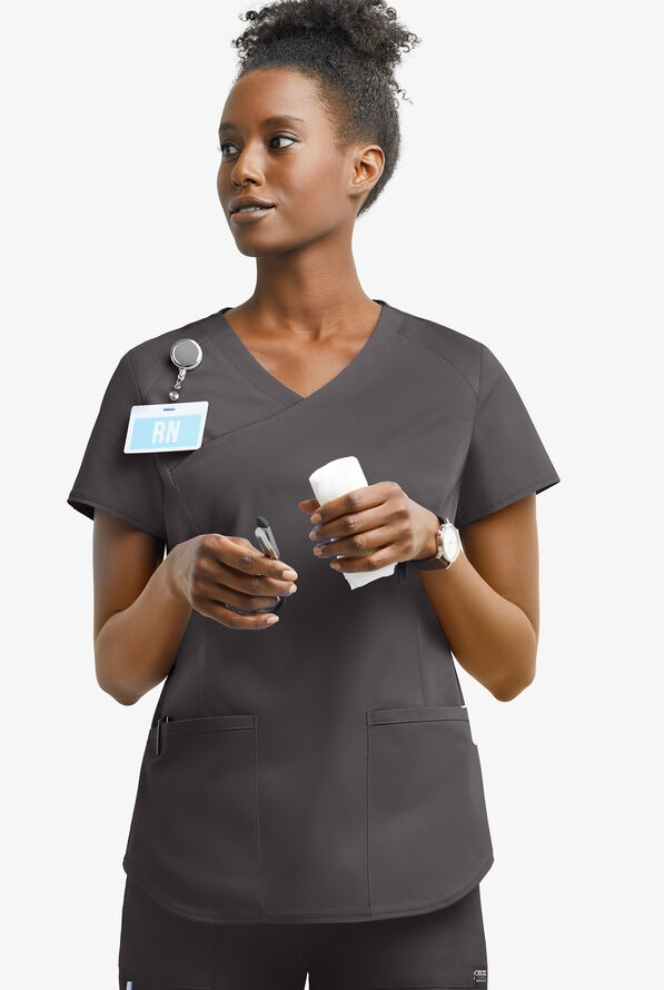 UA Exclusive Cherokee Workwear Professionals Active Women's 2-Pocket STRETCH Mock Wrap Scrub Top - Pewter - 2