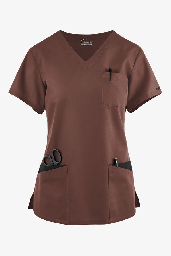 Blusa médica Butter-Soft Originals con cuello en V curvo y 7 bolsillos para mujer - French Roast / Black - 1