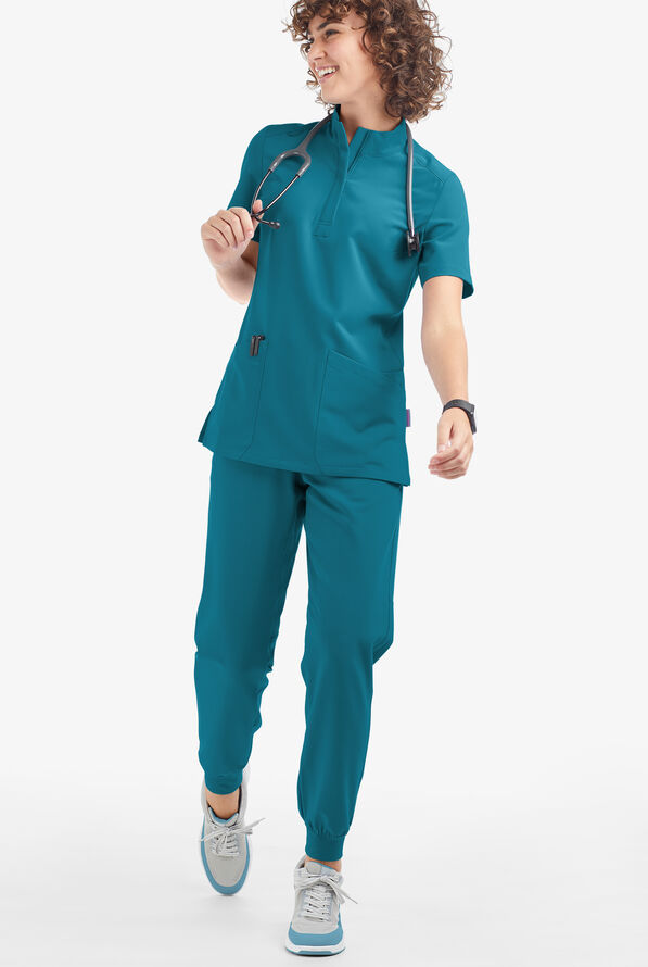 Movement by Butter-Soft Lyrae Women’s 6-Pocket Zip Closure Neck Scrub Top - Caribbean Blue - 4