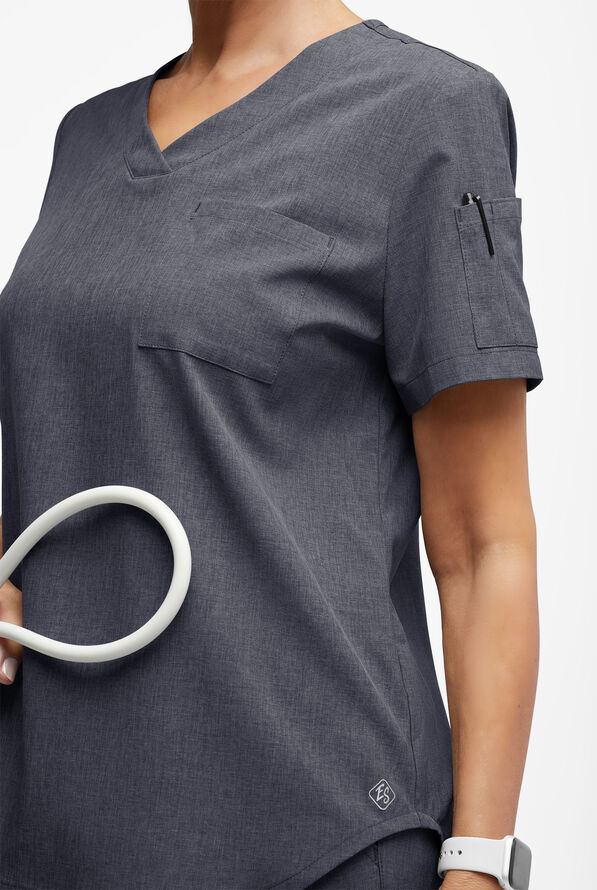 Easy STRETCH Chloe Women's 3-Pocket V-Neck Tuck-In Scrub Top - Charcoal Heather - 3