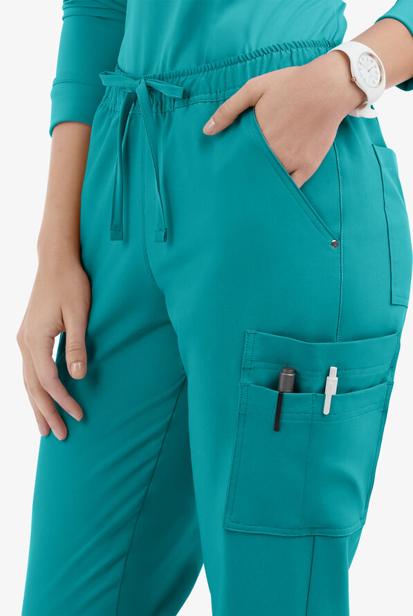 Easy STRETCH Halle Women's 11-Pocket Ruched Leg Jogger Scrub Pants - Teal - 3