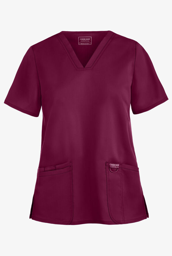 Cherokee Workwear Revolution Women's 3-Pocket STRETCH V-Neck Scrub Top - Wine - 1