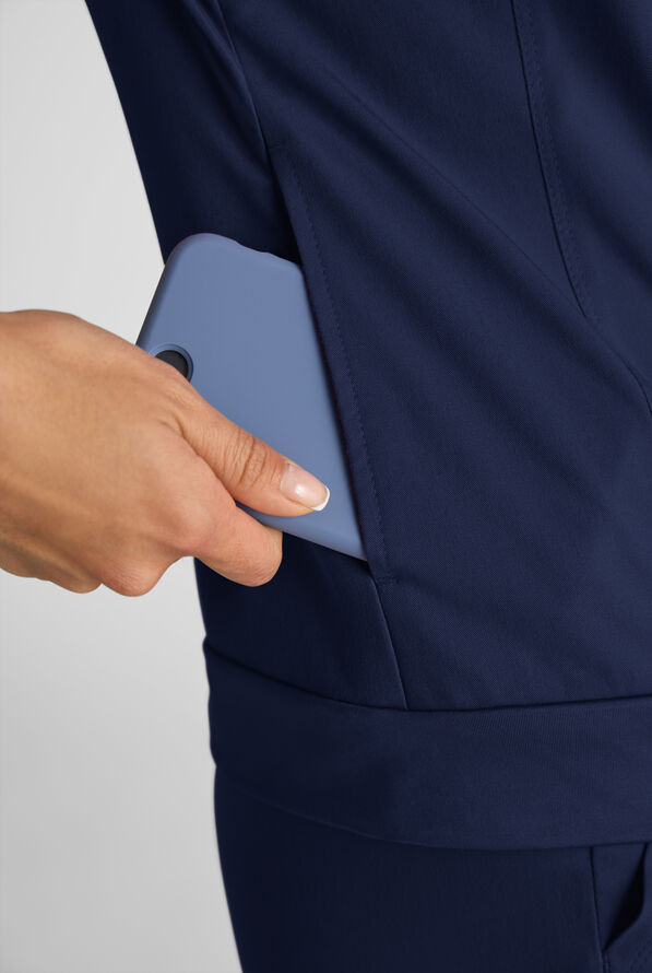 Grey's Anatomy by Barco Emerge Rowen Women's 2-Pocket STRETCH Banded Bottom Zip Scrub Top - Indigo - 5