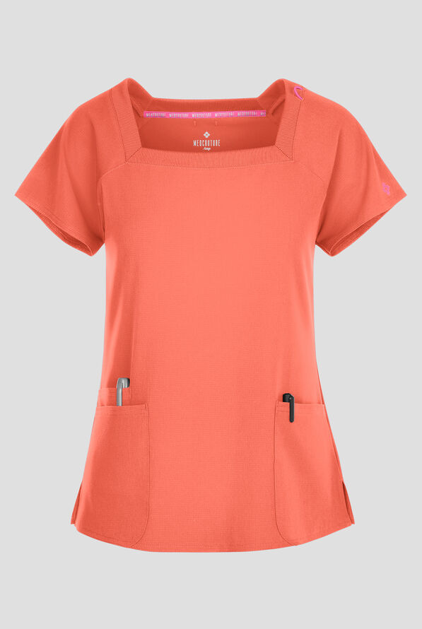 Med Couture Amp Women's 3-Pocket STRETCH Raglan Sleeve Square Neck Scrub Top - Coral Fusion - 1