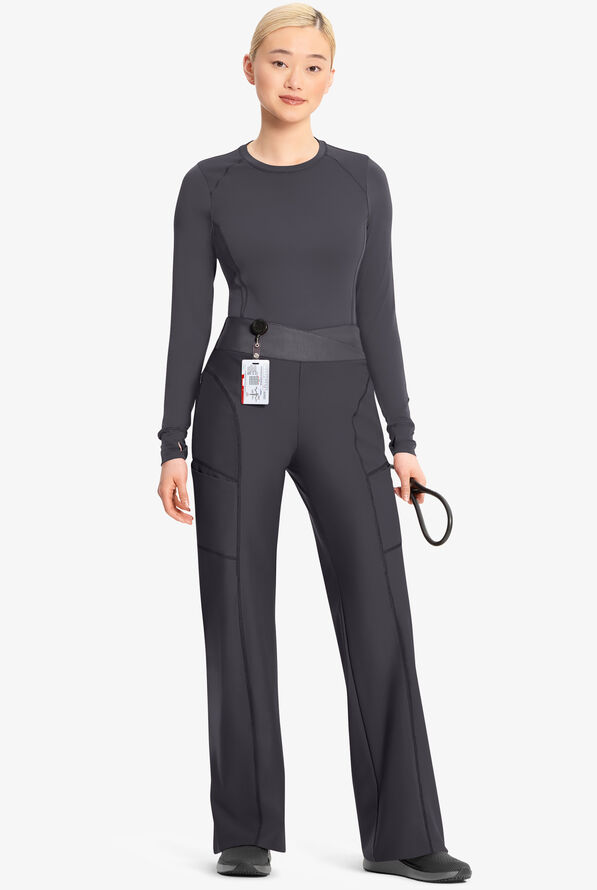 Infinity GNR8 Kinetic Knit Women's 5-Pocket STRETCH Cross-Over Waistband Wide Leg Scrub Pants - Pewter - 4