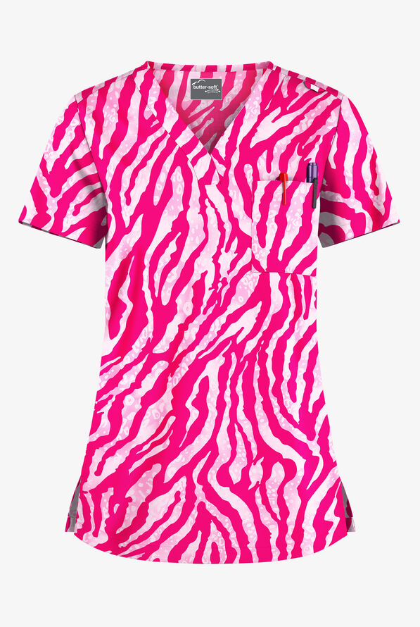 Butter-Soft STRETCH Tiger Fantasy Fuchsia Women's 1-Pocket Tuck-In V-Neck Print Scrub Top - null - 1